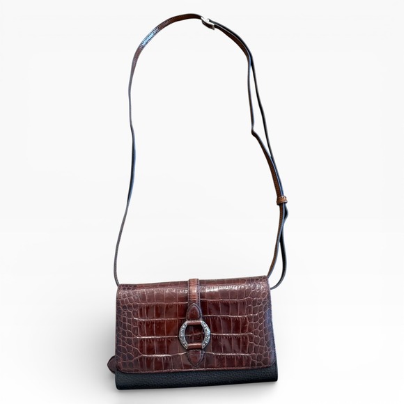 Brighton Handbags - Brighton Leather Croc Embossed Crossbody Wallet Purse Brown Black
